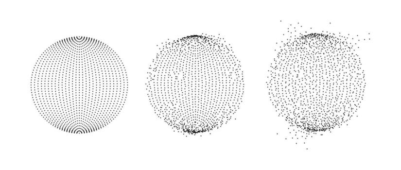 Set of dotted spheres with dissolve effect. Stipple disintegrating circle collection. Halftone textured balls with noise dot work grain. Radial grunge particles. Dot sphere bubble bundle. vector