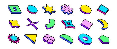 Colorful neon isometric shape set. Bright outline abstract geometric object collection. Retro brutalist pack in Swiss or Memphis style. Vintage arcade game elements for poster, banner. vector
