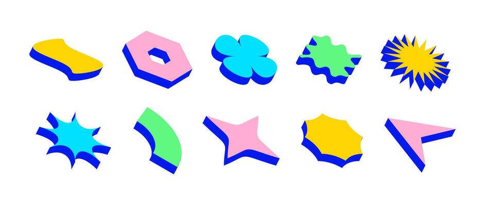 Colorful isometric shape set. Bright volumetric geometric object collection. Retro color brutalist form pack. Vintage abstract elements for poster, cover, banner. Bauhaus or Memphis style pack.