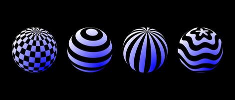 Collection of spheres with different patterns. Striped, checkered and waved 3d balls set. White and blue geometric elements for design template, icon, logo, banner, poster. Abstract globes pack vector