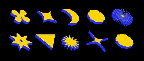 Yellow and blue isometric shape set. Volumetric geometric collection. Retro 3d brutalist form pack. Vintage Y2k abstract game elements for poster, cover, banner. Bauhaus or Memphis style pack. vector