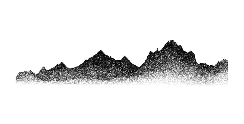 Stippled grain mountain range. Dotted terrain landscape silhouette. Black grainy hill chain. Grunge noise mountain peaks illustration. Dot work texture wallpaper. Scenery ridge background