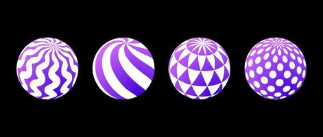 Collection of spheres with different patterns. Striped, dotted and waved 3d balls set. White and purple geometric elements for design template, icon, logo, banner, poster. Abstract globes pack vector