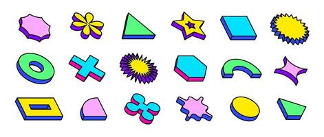 Colorful isometric shape set. Bright outline abstract geometric object collection. Retro brutalist form pack in Bauhaus or Memphis style. Vintage volumetric elements for poster, cover, banner. vector