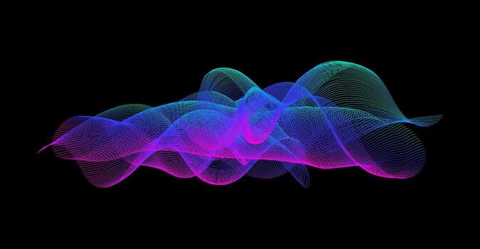 Gradient wavy line blend form. Abstract purple blue green flowing lines design element. Dynamic neon wave smoky shape. Sound waves or ai illustration concept. Curved pattern background vector