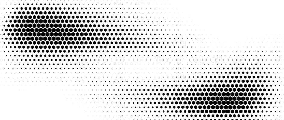 Hexagon halftone gradient texture. Abstract black grunge background. Geometric retro halftone tech wallpaper. Fading wavy hexagonal pattern backdrop. Vanishing honeycomb grunge bitmap overlay
