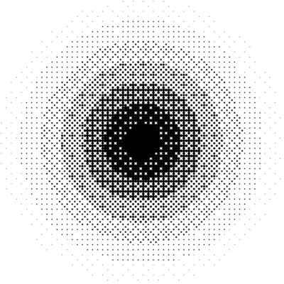 Radial pixelated gradient shape. Black dithered round gradation texture. Retro circle bitmap game background. Halftone 8 bit wallpaper. Vintage circular pixel art element. Overlay backdrop