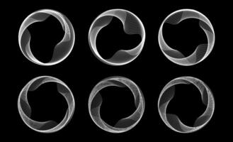 Blend linear and dotted circle frames set. Black and white round border collection. Curved wave dots and lined circles on black background. Circular tech border pack. Design element bundle vector