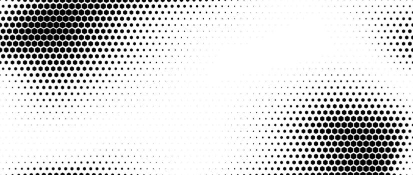 Hexagon halftone gradient texture. Abstract black grunge background. Geometric retro halftone tech overlay. Fading wavy hexagonal pattern backdrop. Vanishing honeycomb grunge bitmap wallpaper vector