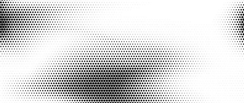 Hexagon halftone gradient texture. Abstract black white hex grunge background. Geometric retro tech wallpaper. Fading wavy hexagonal pattern backdrop. Vanishing honeycomb grunge overlay vector