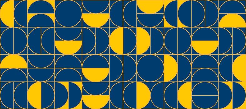 Blue and yellow semicircle seamless pattern. Abstract geometric half circle and square repeating background. Swiss modernist or postmodernist style wallpaper. Navy and gold modular backdrop vector