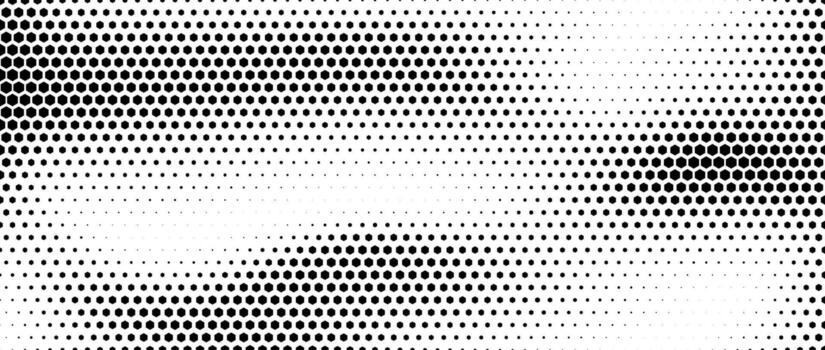 Hexagon halftone gradient texture. Abstract black hex grunge background. Geometric retro halftone tech wallpaper. Fading wavy hexagonal pattern backdrop. Vanishing honeycomb grunge overlay vector