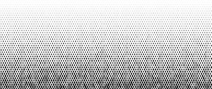 Rhombus gradient halftone texture. Diamond shape dot fading pattern. Abstract geometric particle vanishing gradient background. Rhomb shape grunge overlay structure. Black white wallpaper vector