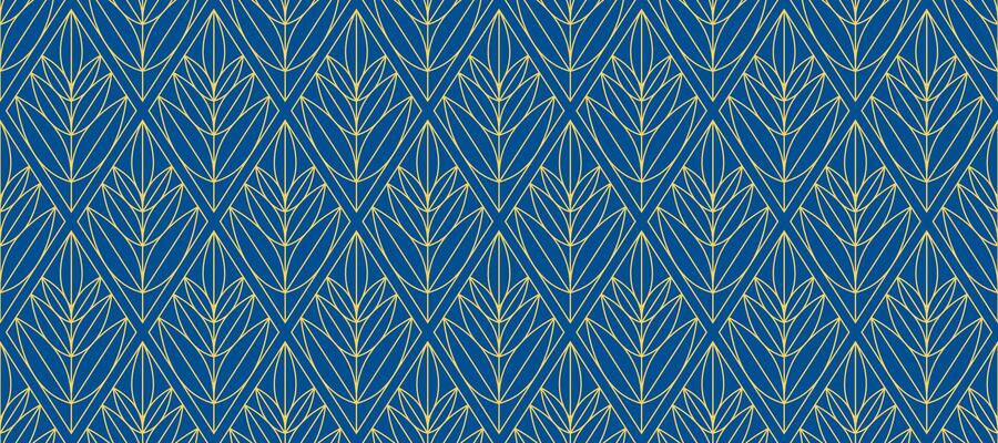 Retro art deco blue and gold seamless pattern. Repeated golden floral leaves motif. Vintage decorative texture for wallpaper, textile, fabric, print swatch. Elegant linear ornament backdrop