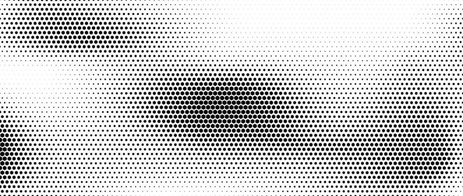 Hexagon halftone gradient texture. Abstract black and white spotted grunge background. Geometric retro tech wallpaper. Fading wavy hexagonal pattern backdrop. Vanishing honeycomb grunge overlay
