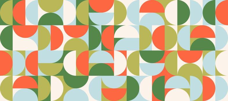 brillante semicírculo sin costura modelo. resumen geométrico medio circulo y cuadrado antecedentes. vistoso suizo modernista o posmoderno estilo fondo de pantalla. naranja, azul, verde modular repitiendo fondo vector