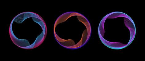 Neon iridescent gradient dotted circle set. Colorful glowing round tech frame collection. Curved wave dot line circles on black background. Colorful circular border pack. Design element bundle vector