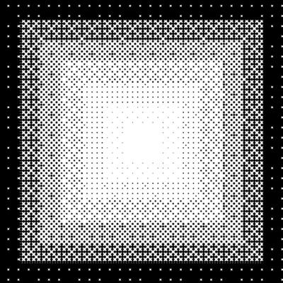 Pixelated gradient square frame. Black dithered radial gradation texture. Retro bitmap game background. Halftone 8 bit wallpaper. Vintage rectangle pixel art border.