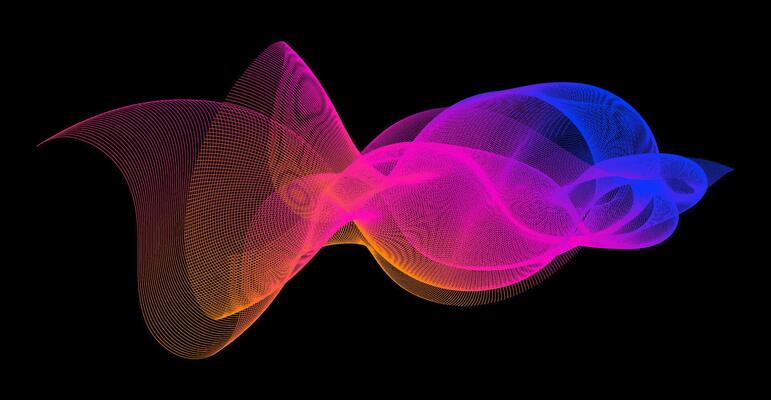 Gradient wave line blend form. Abstract blue pink orange flowing lines design element. Dynamic neon line smoky shape. Sound waves or ai illustration concept. Curved pattern background