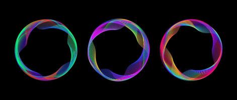 Neon iridescent dotted gradient circle set. Green, purple, red glow round tech frame collection. Curved wave dot line circles on black background. Spinning circular border pack. Element bundle vector