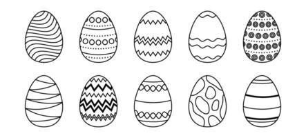 Easter eggs set. Spring linear egg icons with different pattern decoration. Doodle style Easter illustration pack for card, invitation, print, sticker, banner, poster. Black and white bundle vector
