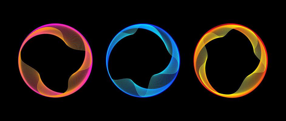 Neon blend circle lines set. Glowing colorful round tech frame collection. Curved wavy line circles on black background. Bright gradient circular border pack. Design element bundle