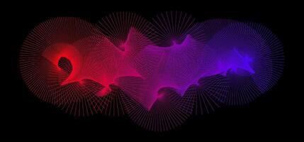 neón radiante espiral forma modelo. resumen extensión giratorio líneas. rojo púrpura azul hilado circulo en negro antecedentes. futurista nube concepto. digital Aurora o muaré efecto. vector