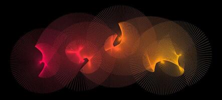 neón radiante espiral forma modelo. resumen extensión giratorio líneas. amarillo naranja rojo hilado circulo en negro antecedentes. futurista nube concepto. digital Aurora o muaré efecto. vector