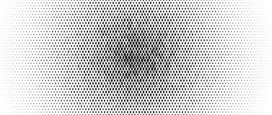 Rhombus dot radial gradient texture. Diamond dots halftone fading pattern. Abstract geometric particles vanishing background. Rhomb shape grunge overlay structure. Black and white wallpaper