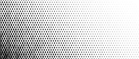 Rhombus gradient corner halftone texture. Diamond shape dot fading pattern. Abstract geometric particle vanish gradient background. Rhomb shape grunge overlay structure. Black white wallpaper vector