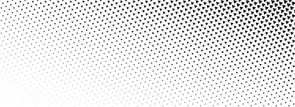 Fading triangle halftone texture gradient. Black and white abstract geometric background. Tech triangular halfton gradation pattern. Vanishing mosaic arrow wallpaper for banner, booklet, poster vector