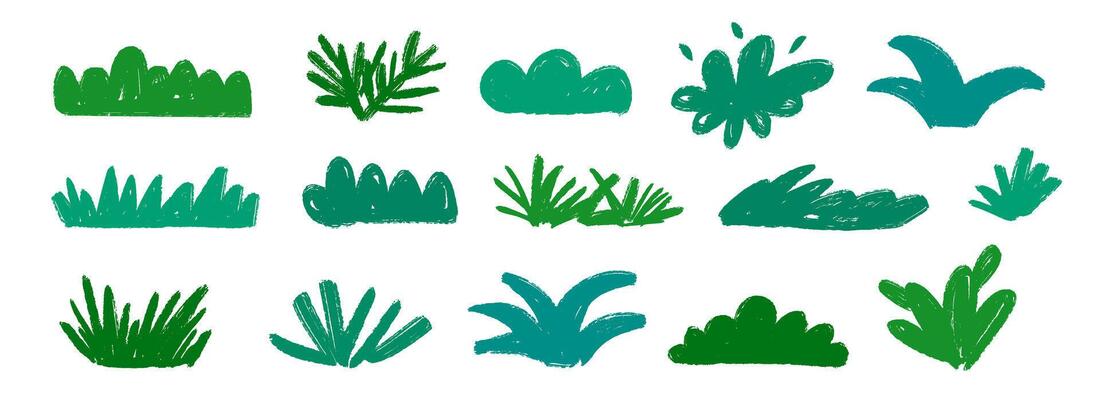 Hand drawn bushes and grass collection. Green crayon shrubbery set. Doodled shrub and tree shapes bundle. Pencil sketched foliage elements. Scribbled cartoon green plants pack.