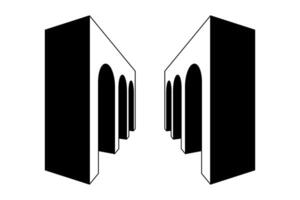 arc gallery path. Black and white surreal arch gate element. Retro 3d vaulted arcade in perspective. Vintage colonnade tunnel concept for collage, poster, banner, brochure, leaflet. vector