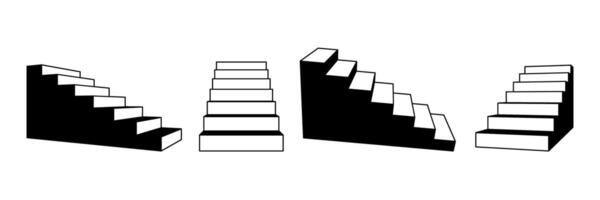 Set of stairways in different perspective. Linear simplified 3d staircase collection. Black and white stair steps collection. Graphic design element pack concept for success, growth, promotion. vector