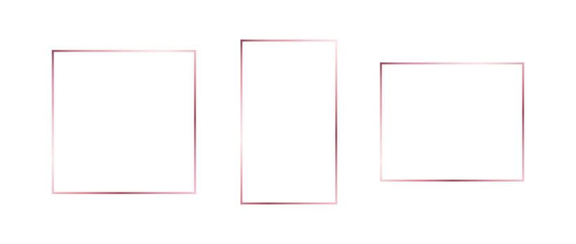 Rose gold thin frame set. Pink gold geometric borders in art deco style. Thin linear square and rectangle collection. Blush glowing shiny boarder element pack. Bundle for photo, cadre, decor vector