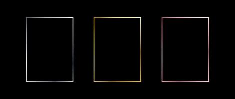 Silver, golden and rose gold thin frames. Shiny art deco rectangle borders set. Thin line glowing grey, yellow and pink boarder element collection. Bundle for Christmas, birthday decor pack vector