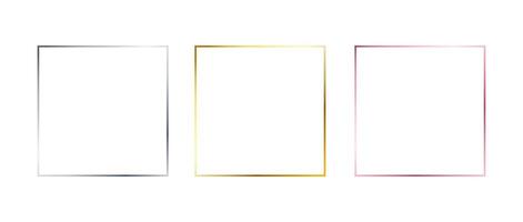 Silver, golden and rose gold thin frames. Set of shiny square borders in art deco style. Thin line glowing grey, yellow and pink boarder element collection. Bundle for Christmas, birthday decor vector