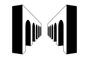 Linear arc gallery path. Black and white surreal arch gate element. Retro 3d vaulted arcade in perspective. Vintage colonnade tunnel concept for collage, poster, banner, booklet, leaflet. vector