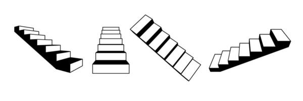 Simplified 3d stairway set. Line staircase in different perspective. Black and white stair steps collection. Graphic design element pack concept for success, growth, promotion, progress. vector