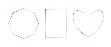 Rose gold thin frames set. Pink gold borders in art deco style. Thin linear heart, diamond, rectangle collection. Foil glowing shiny boarder element pack. Bundle for photo, cadre, decor vector