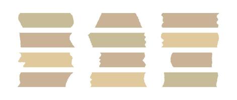 Beige adhesive tape pieces set. Scotch stripes with torn jagged edges. Plastic duct tape band collection. Sticky masking paper for package wrap, blank tag, label, sticker, decoration. vector