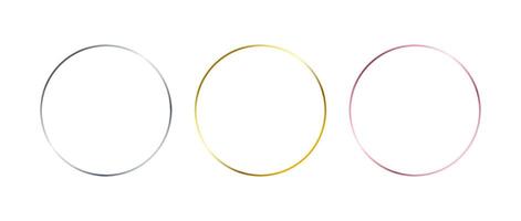 Silver, golden and rose gold thin round frames. Art deco shiny circle borders set. Thin line glowing grey, yellow and pink boarder element collection. Bundle for Christmas, birthday decor vector