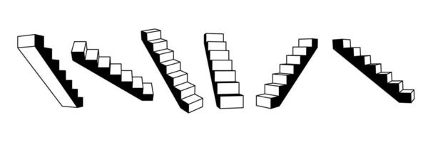 Outline stairway set. 3d narrow staircase in different perspective. Black and white stair steps collection. Graphic design element pack concept for success, growth, promotion, progress. vector