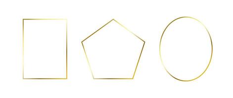 Golden thin frames set. Gold geometric borders in art deco style. Thin linear rectangle, oval and pentagon collection. Yellow glowing shiny boarder element pack. Bundle for photo, cadre, decor vector