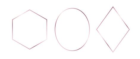Rose gold thin frames set. Pink gold geometric borders in art deco style. Thin linear diamond, ellipse, hexagon collection. Foil glowing shiny boarder element pack. Photo, cadre, decor bundle vector