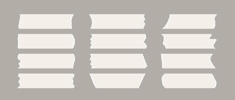 Ripped adhesive tape piece set. Scotch stripes with torn jagged edges. Beige paper duct tape band collection. Sticky masking paper for package wrap, blank tag, label, sticker, decoration. vector
