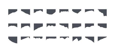 Torn paper pieces set. Black grunge paper strip collection. Blank note scraps with jagged edge. Ripped sheet page elements for banner, poster, notebook, brochure, card, background. vector