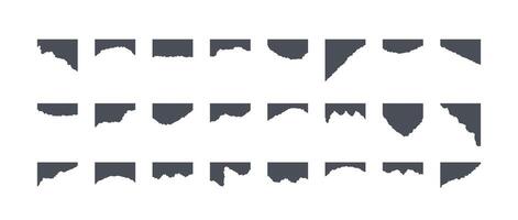 Set of torn paper pieces. Black grunge paper strip collection. Blank note scraps with jagged edge. Ripped sheet page elements for banner, poster, notebook, brochure, card, background. vector