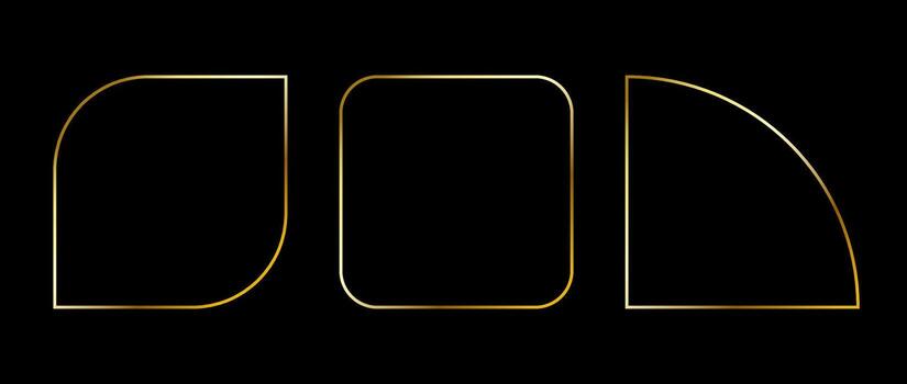 Golden thin frame set. Gold geometric art deco borders. Thin linear rounded and curved shape collection. Yellow glowing shiny boarder element pack. Bundle for photo, cadre, decoration, poster vector
