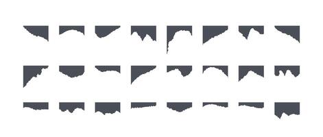 Black torn paper pieces set. Grunge paper strip collection. Blank note scraps with jagged edge. Ripped sheet page elements for banner, poster, notebook, brochure, card, background. vector